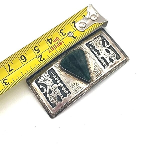 Vintage Sterling Silver Aztec Brooch With Trillion Green Onyx Inlay VERY RARE - Picture 8 of 9
